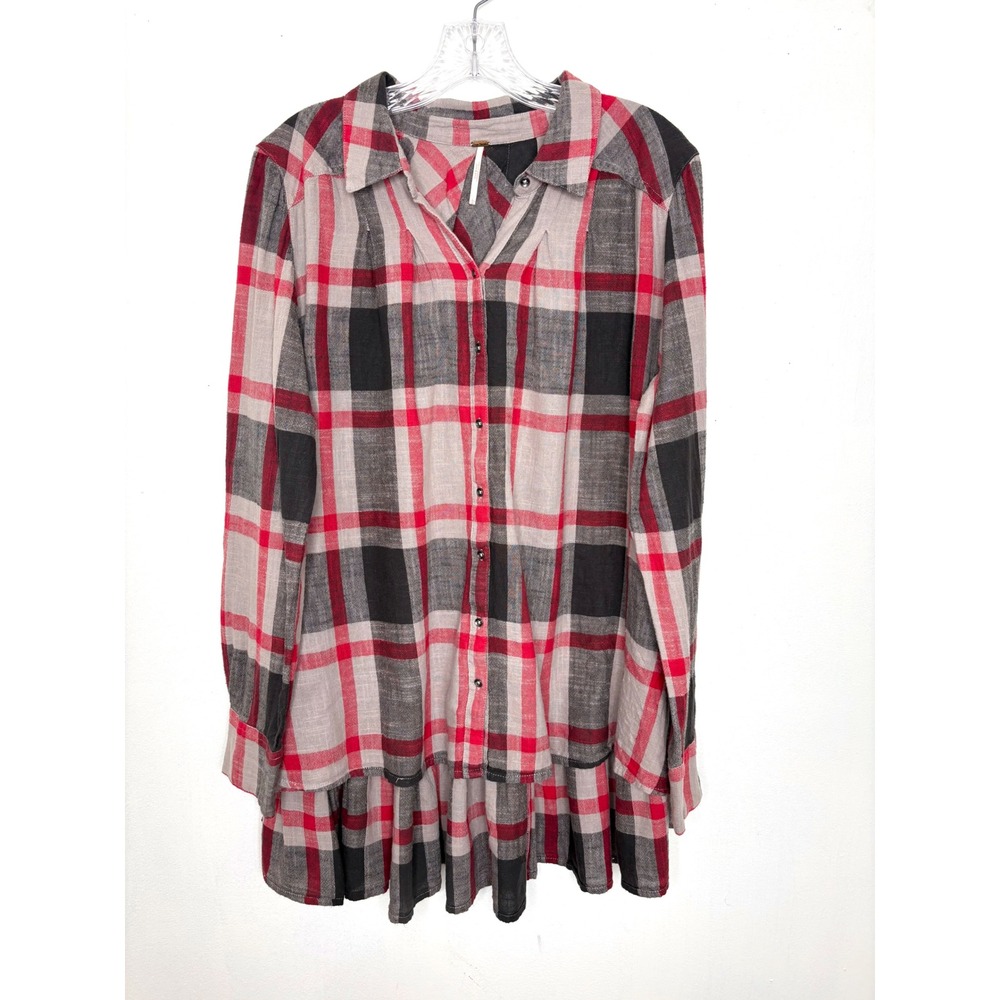 Free People Tunic Top Large Red Black Plaid Lagenlook Boho Chic Layering Casual